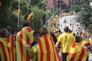 Els moments previs a la cadena, mentre centenars de persones s'estaven col·locant per trobar el seu lloc, a l'avinguda Salvador Dalí de Figueres.