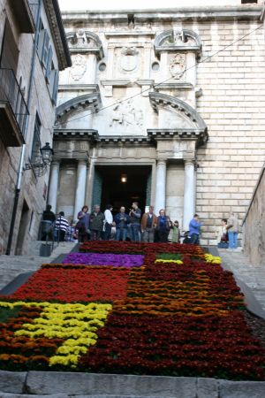 Representació d'una catifa de flors en un altre carrer de Girona.