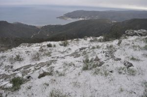 La neu que ha caigut aquest matí ha emblanquinat el paisatge de la zona de Sant Pere de Rodes