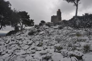 La neu que ha caigut aquest matí ha emblanquinat el paisatge de la zona de Sant Pere de Rodes