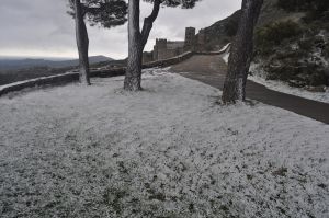 La neu que ha caigut aquest matí ha emblanquinat el paisatge de la zona de Sant Pere de Rodes