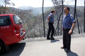 Una unitat dels Bombers patrulla la zona calcinada per l'incendi de l'Alt Empordà