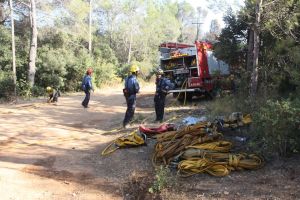 El foc de Vilopriu ha calcinat unes deu hectàrees de massa forestal i, a hores d'ara, els Bombers ja l'han donat per estabilitzat