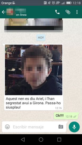 El missatge del fals segrest d'un menor a Girona es torna viral a Whatsapp