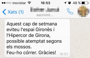 Distribueixen per Whatsapp una falsa alerta d'atemptat en centres comercials de Girona