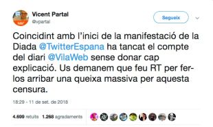 Twitter elimina la compta del diari Vilaweb abans de començar la manifestació de la Diada