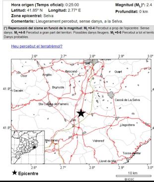 Es registra un terratrèmol de magnitud 2.4 amb epicentre prop de Sils