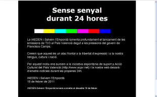 La IAEDEN i Salvem l'Empordà tanquen la web en solidaritat amb el País Valencià pel tancament de TV3