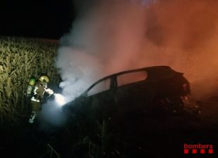 Els Bombers apaguen un incendi en un cotxe que ha cremat al costat d'un camp de blat a Peralada