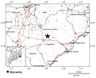 Registrat un terratrèmol de 3.0 graus entre Cassà de la Selva i Llagostera