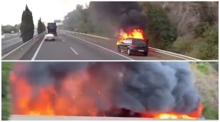 Les flames d'un cotxe incendiat a l'AP-7 a la Jonquera salten la tanca i cremen massa forestal