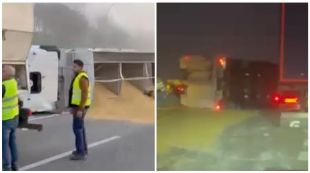 Un camió carregat de pinso bolca a l’AP-7 i provoca retencions a Sarrià de Ter