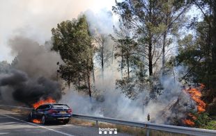 El foc d'un cotxe incendiat a l'AP-7 a Bàscara salta l'autopista i crema vegetació propera