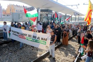 Unes 400 persones tallen el tren a Girona al crit de ''per Palestina, tots a la via!''