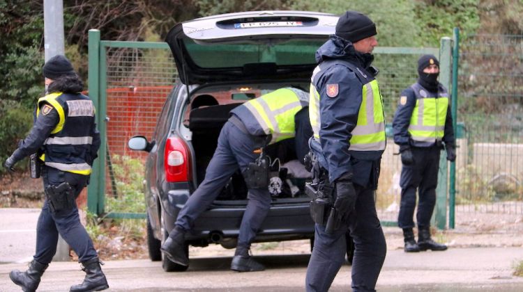 Agents de la policia espanyola registrant un vehicle que han aturat a la frontera al Pertús. ACN