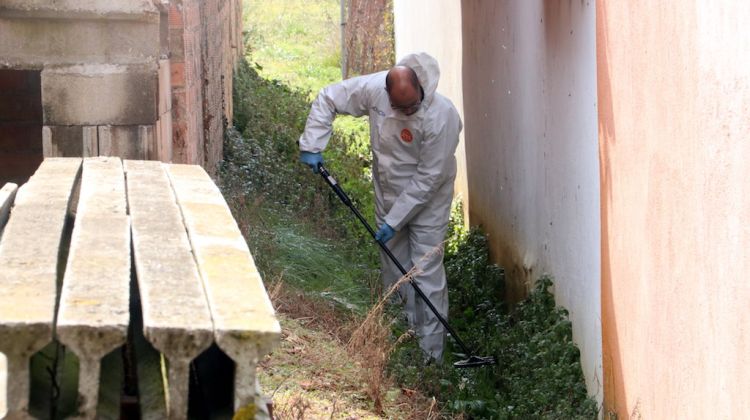 Un agent buscant amb el detector de metalls l'arma del crim. ACN