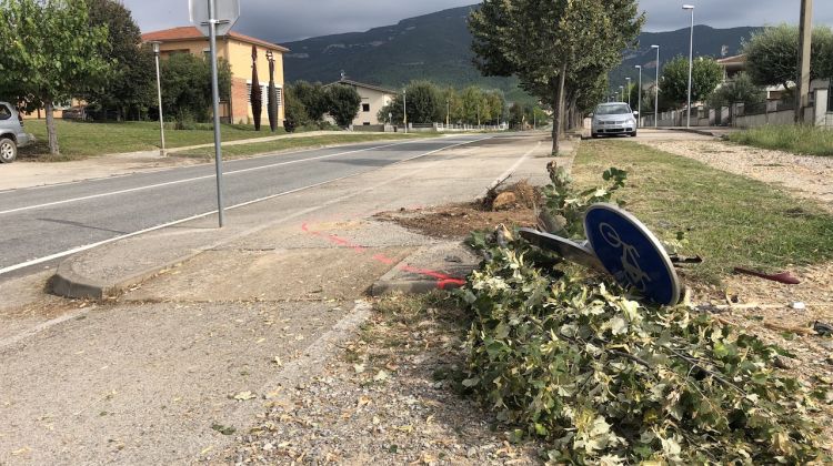 El punt on el vehicle ha impactat contra l'arbre i la senyal de trànsit. Marc Estarriola