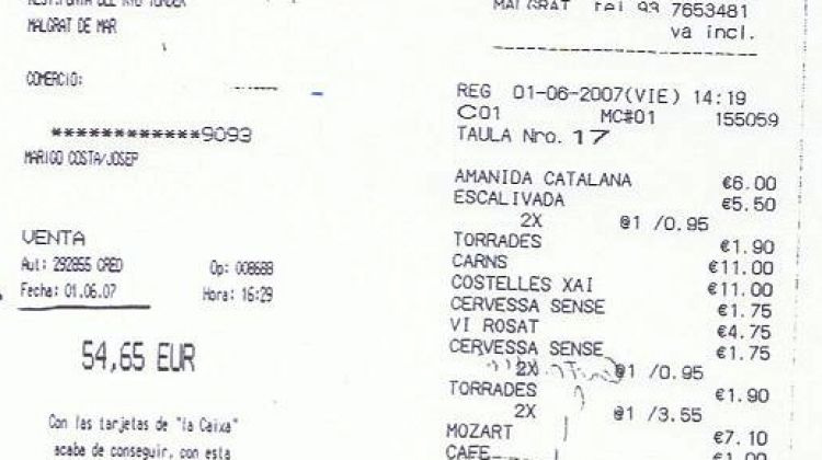 Tiquet de l'àpat al restaurant 'Punta Riu Tordera' © AG