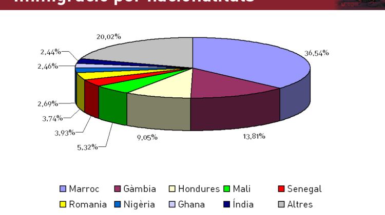 Gràfic del percentatge per nacionalitats de les persones immigrants que viuen al municipi