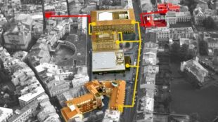 El plànol de la citat d'Olot amb els cinc edificis públics que es connectaran © ACN