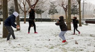 Un grup de nens jugant amb la neu en un parc de Llagostera