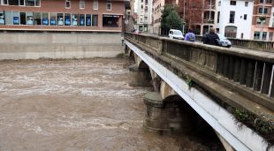 Un pont de Ripoll amb el Ter molt ple al seu pas per Ripoll