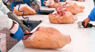 Un treballador processant carn