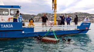 Moment en què subermgeixen una de les gàbies amb ampolles de vi a Roses