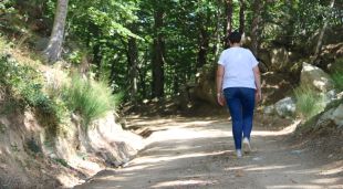 L'alcaldessa de Maçanet de Cabrenys caminant a l'inici del camí de centenar de persones van emprendre cap a l'exili l'any 1939