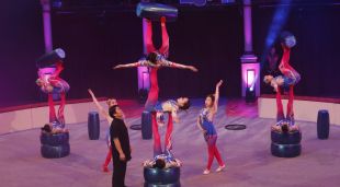 Una companyia xinesa fent acrobàcies amb els peus durant el passi de gràfics de la 6a edició del Circ de Nadal de Girona