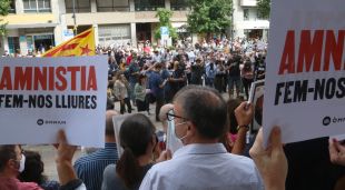 Una part dels manifestants congregats davant de la Generalitat a Girona