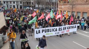 La manifestació en defensa de l'escola en català en el moment en què passaven per davant de la subdelegació del govern espanyol a Girona