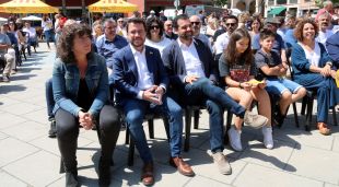 Teresa Jordà, Pere Aragonès i Quim Ayats, aquest matí a Girona durant la presentació