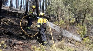 Bombers remullant la zona de l'incendi de les Gavarres