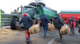 Un grup de pagesos portant bales de palla per obstaculitzar la via