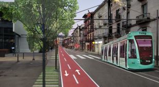 Simulació renderitzada del pas del tren-tram Olot-Banyoles-Girona al seu pas pel carrer Bisbe Lorenzana d'Olot