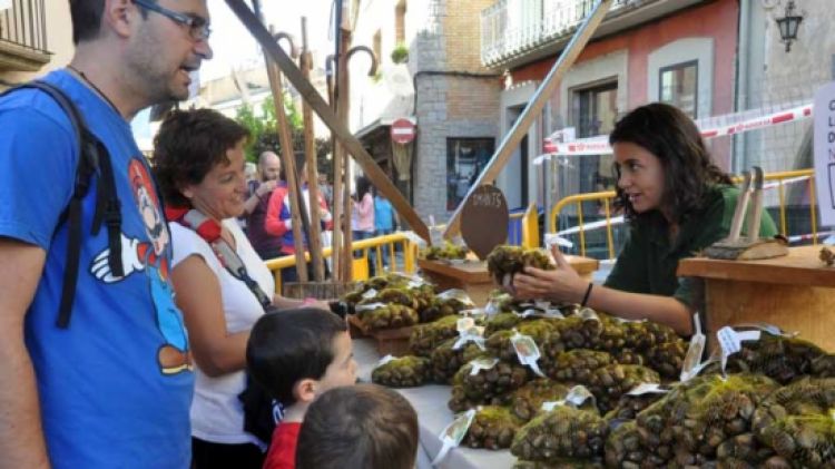 Diversos visitants davant una de les parades de la 20a Fira de la Castanya de Viladrau © ACN