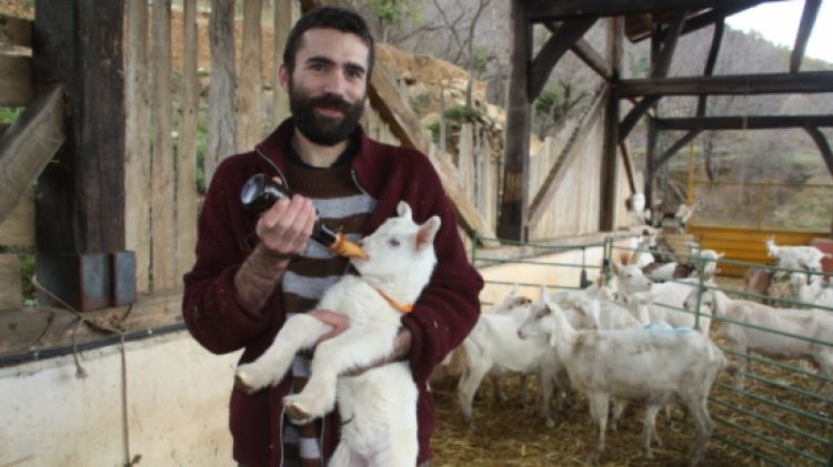 En Marc Muntanya donant el biberó al cabrit que ha nascut recentment © ACN