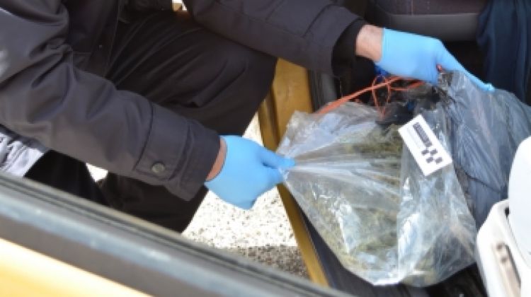 Un agent de la policia espanyola amb la bossa de cabdells de marihuana a la mà © ACN