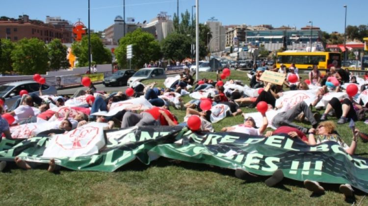 Els manifestants s'han estirat durant uns moments a la rotonda d'accés a Lloret de Mar © ACN