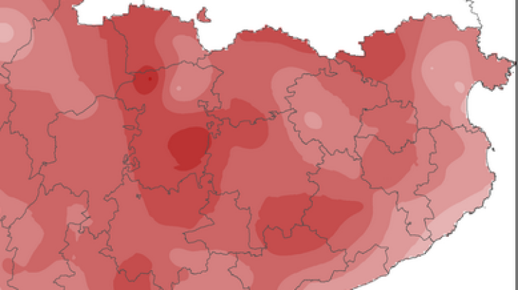 En vermell més fosc la diferència de temperatura mitjana s'ha enfilat fins a 5 graus © Meteo.cat