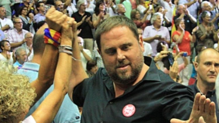 El líder d'ERC, Oriol Junqueras, durant el míting de Junts pel Sí a Girona aquest vespre © ACN