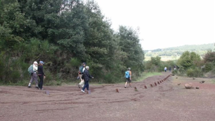 Un grup de visitants passejant per un camí del volcà Croscat de Santa Pau © ACN