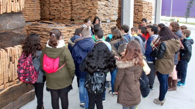 Alumnes d'una escola de Begur a l'exterior de la fàbrica de l'empresa surera J.Vigas de Palafrugell © ACN