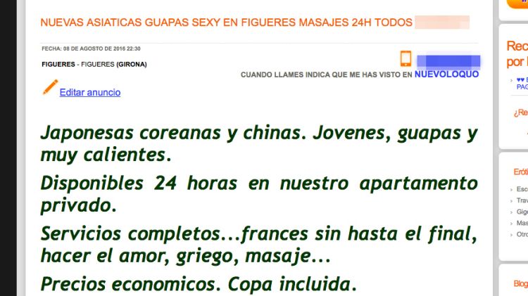 Anunci d'un pis on s'exerceix la prostitució amb asiàtiques a Figueres