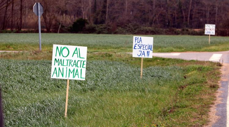 Algunes de les pancartes clavades pels veïns de Solius © ACN