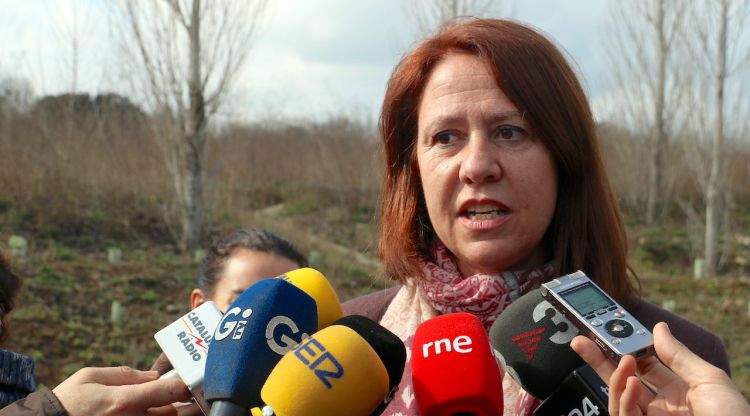 Primer pla de l'alcaldessa de Girona, Marta Madrenas, atenent els mitjans de comunicació. ACN