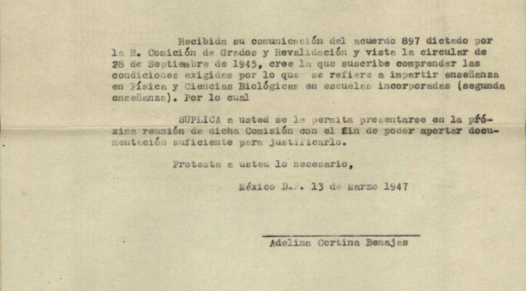 Carta d'Adelina Cortina i Benajas al cap de l'Oficina d'Universitats i Escoles Incorporades de la Universitat Nacional de Mèxic