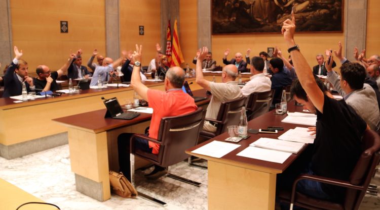 Els diputats, alçant la mà per aprovar per unanimitat la moció en contra de la línia d'alta tensió. ACN