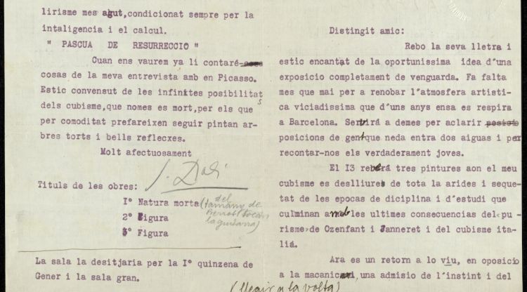 La carta que un Dalí emocionat va enviar a Dalmau acceptant la invitació de fer una expoció "moderna". Fons Santos Torroella